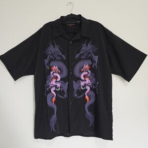 Vintage NSIXX Dragonfly Embroidered Dragons Polyester Button Down Shirt - 2XL